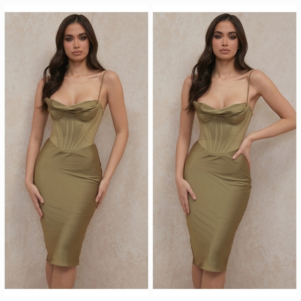 House of CB Myrna Olive Corset Slip Dress size L NWT